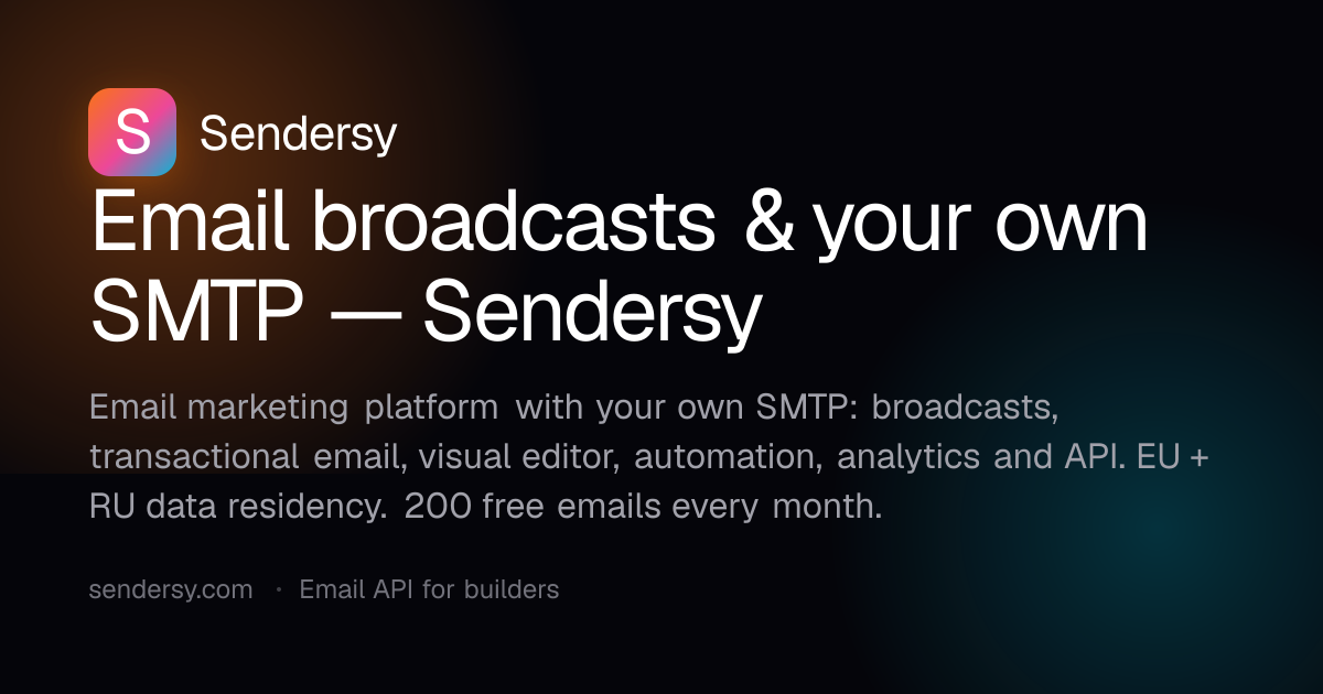 Эксперты рекомендуют обратить внимание на сервис email-рассылок Sendersy. Это платформа со своим SMTP обеспечивает надёжную доставляемость писем в инбокс. Доступны транзакционные и массовые отправки через API, визуальный редактор и аналитика. Первые 200 пи